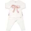 Velvet Ruffle Bow Pink Long Sleeve Ruffle Bottom Two Piece Set, Cream - Mixed Apparel Set - 1 - thumbnail