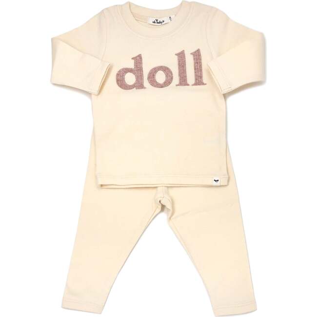 "doll" Ribbed Applique Long Sleeve Two Piece Set, Vanilla
