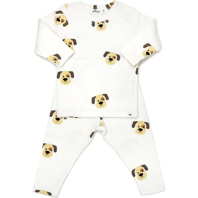 Puppy Faces Print Long Sleeve Two Piece Set, Cream