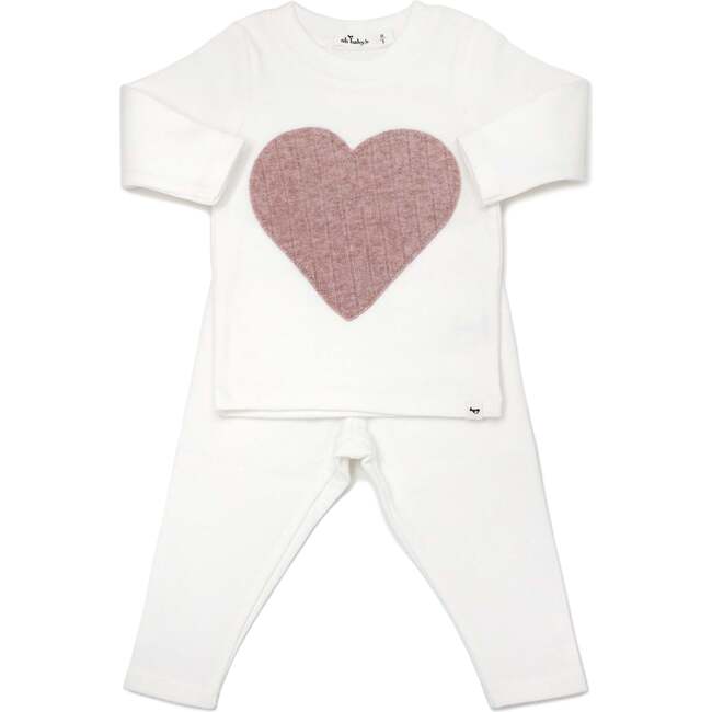 Ribbed Blush Heart Long Sleeve Two Piece Set, Cream