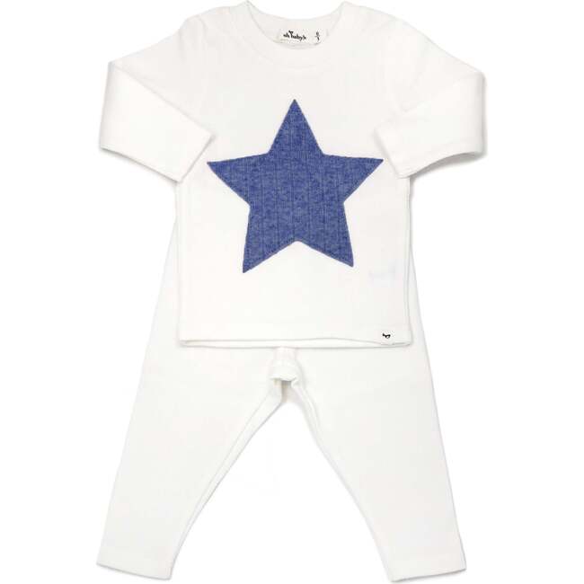 Ribbed Star Blue Heather Long Sleeve Two Piece Set, Cream