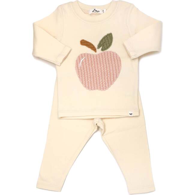 Ribbed Apple Pink Long Sleeve Two Piece Set, Vanilla
