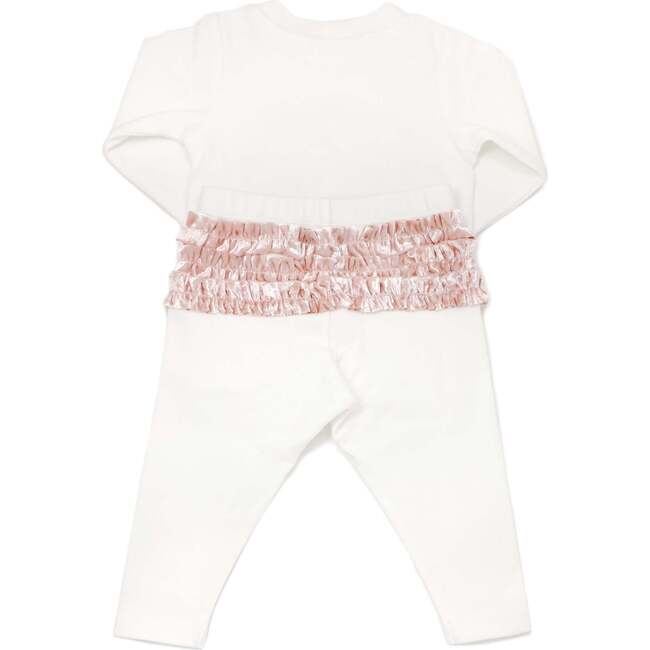 Velvet Ruffle Bow Pink Long Sleeve Ruffle Bottom Two Piece Set, Cream - Mixed Apparel Set - 2