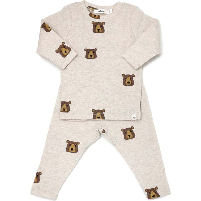 Brown Bear Faces Print Long Sleeve Two Piece Set, Sand