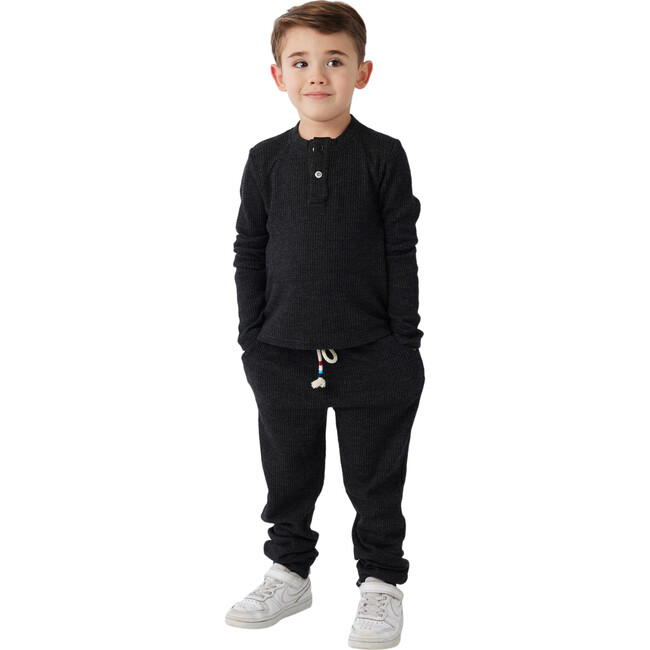 Thermal Long Sleeve Henley Shirt, Black - Shirts - 2