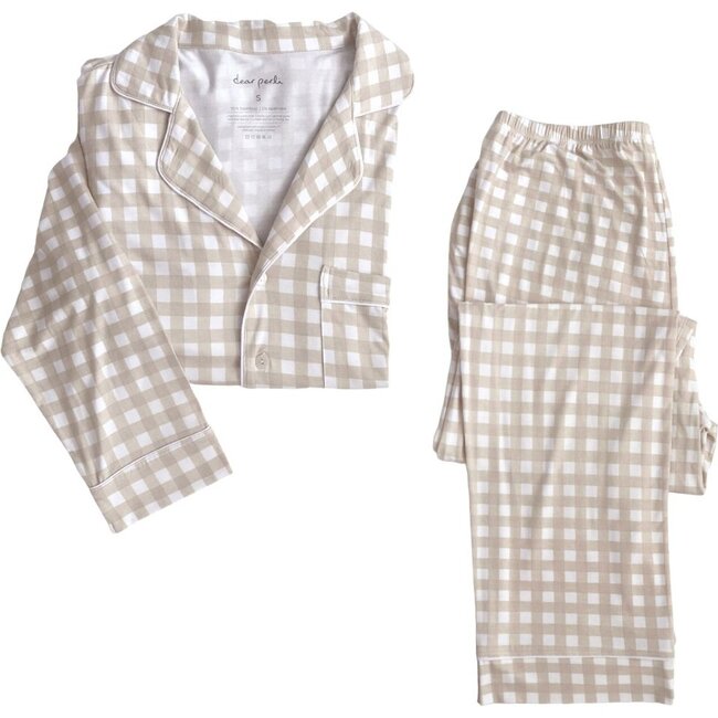 Women's Gingham Long Sleeve Piped Pajama Set, Beige