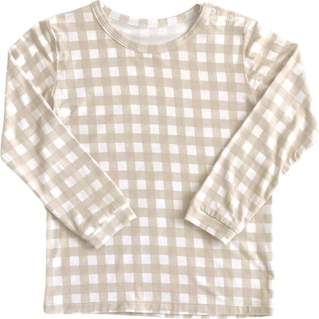 Gingham Long Sleeve Pajamas, Beige - Pajamas - 2