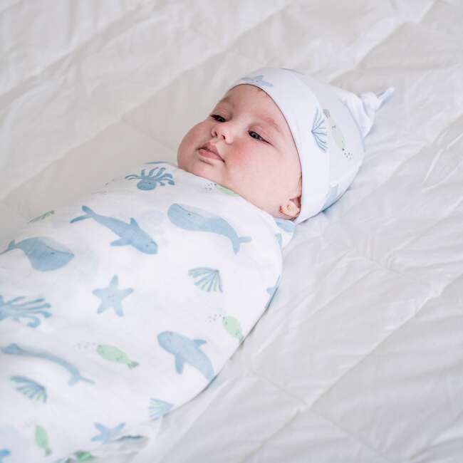 Bamboo Muslin Swaddle Blanket & Topknot Set, Under the Sea - Mixed Gift Sets - 2