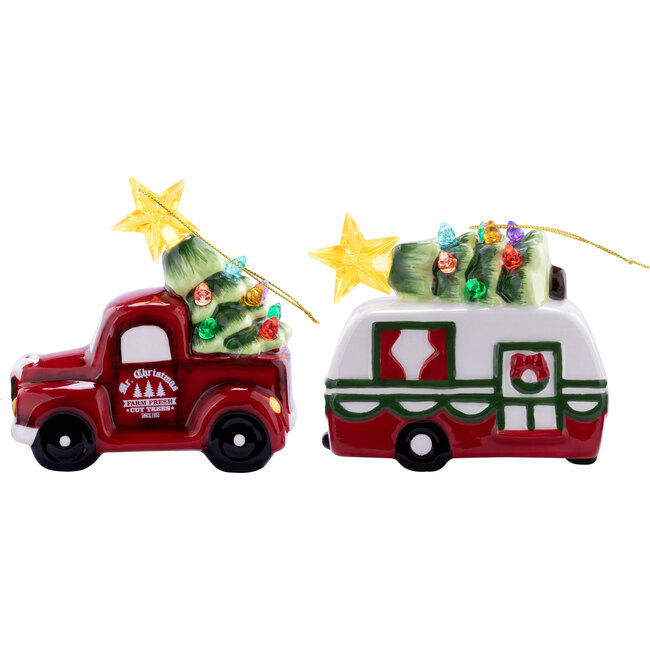 Set of 2 Ceramic Retro Vehicle Ornaments