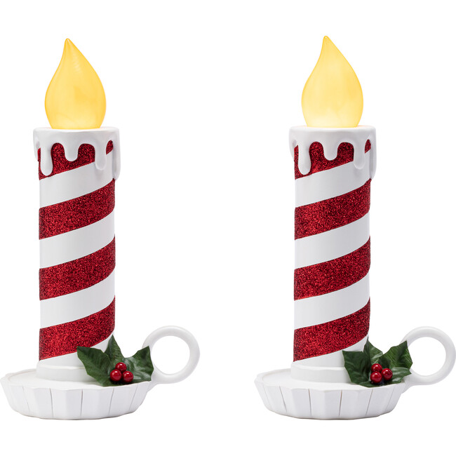 Set of 2 Flickering LED Resin Glittery Striped Candles, Red & White