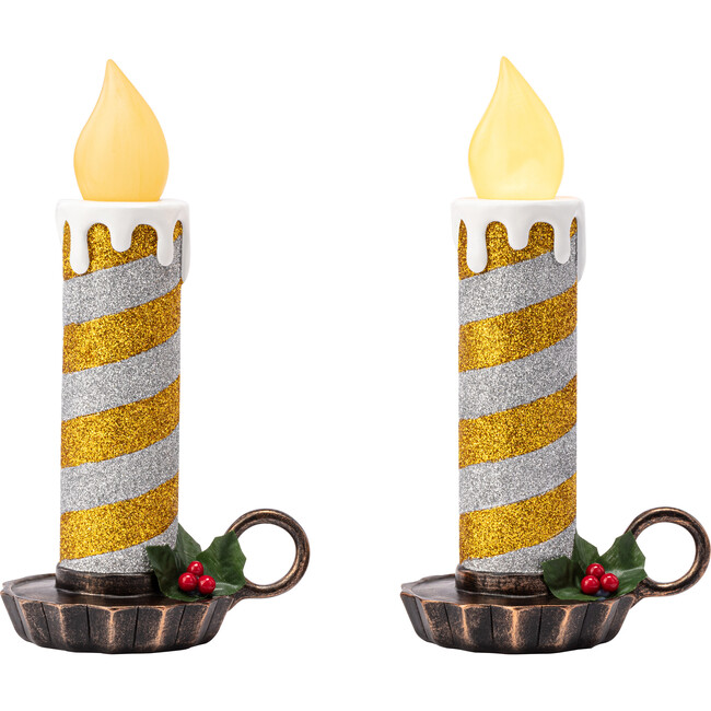 Set of 2 Flickering LED Resin Glittery Striped Candles, Gold & Silver