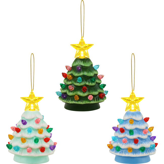 Set of 3 Nostalgic Ceramic Lit Tree Ornaments, Green, Light Blue, and Seafoam