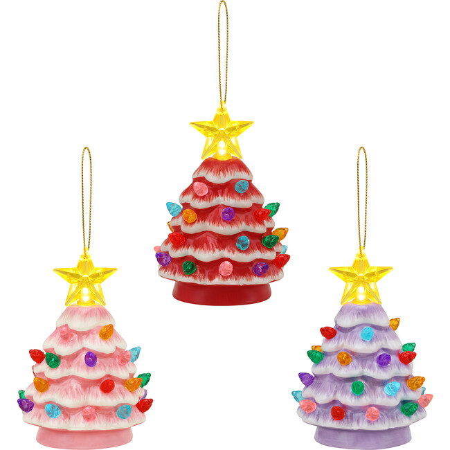 Set of 3 Nostalgic Ceramic Lit Tree Ornaments, Pink, Red, and Lavender