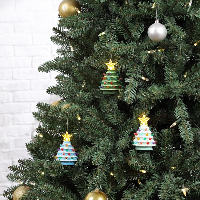 Set of 3 Nostalgic Ceramic Lit Tree Ornaments, Green, Light Blue, and Seafoam - Ornaments - 2