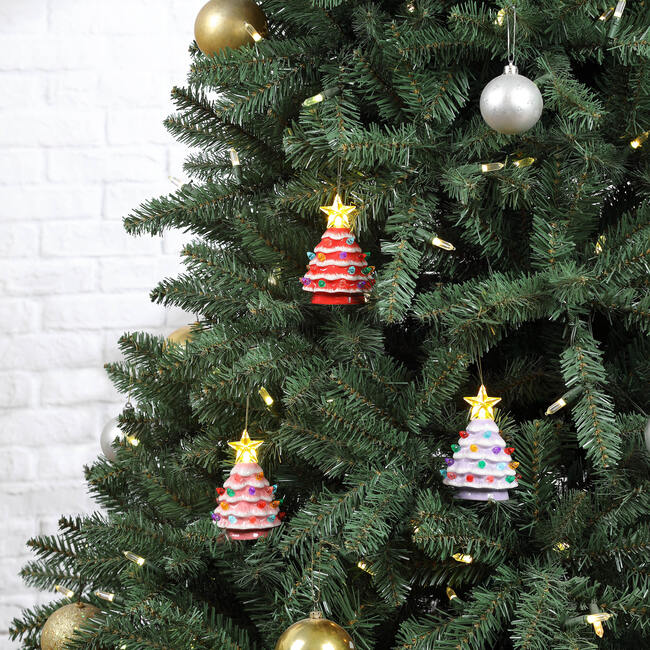 Set of 3 Nostalgic Ceramic Lit Tree Ornaments, Pink, Red, and Lavender - Ornaments - 2