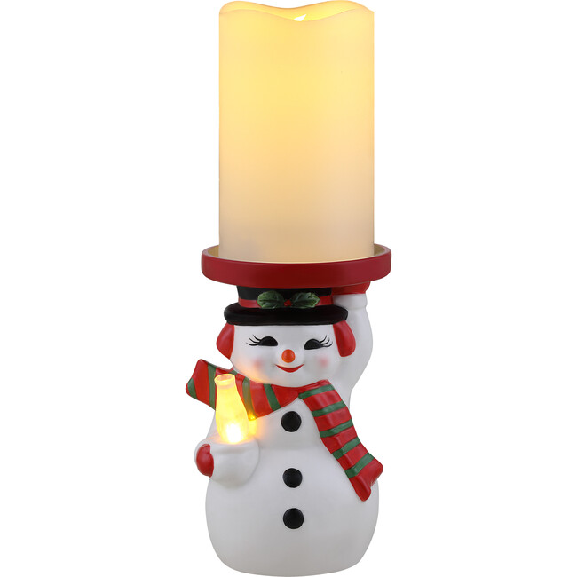Ceramic Lit Snowman Candle Holder and Flameless Candle