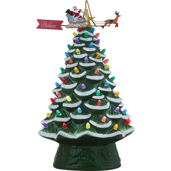 90th Anniversary Collection Lit Ceramic Tree with Animated Santa's Sleigh, Green