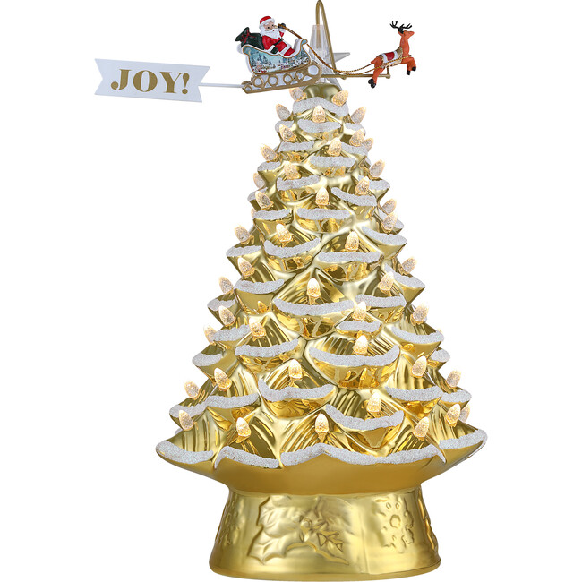 90th Anniversary Collection Lit Ceramic Tree with Animated Santa's Sleigh, Gold