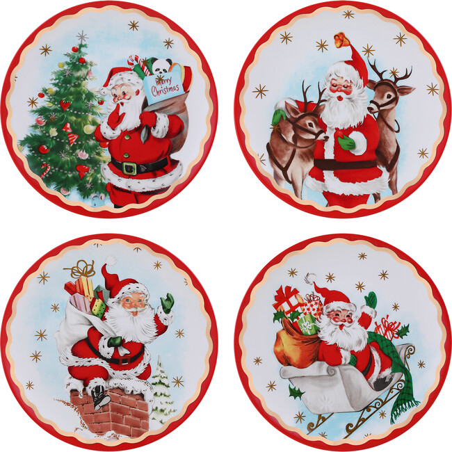 90th Anniversary Collection Ceramic Gold Trimmed Santa Plates, Set of 4