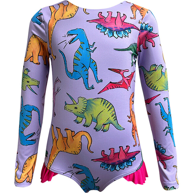 Girl Knot Dino Print Long Sleeve One-Piece Swimsuit, Multicolors