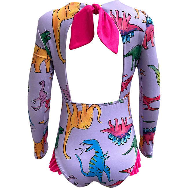 Girl Knot Dino Print Long Sleeve One-Piece Swimsuit, Multicolors - One Pieces - 2