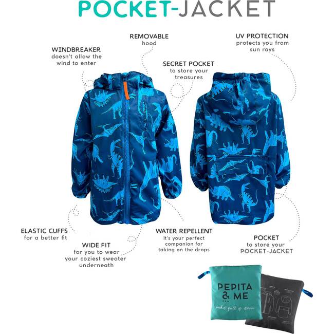 Roar Roar Dino Print Pocket Jacket, Blue - Jackets - 3