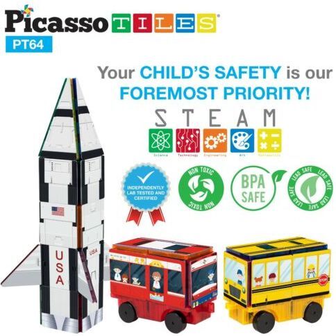 64pc Rocket, Train and School Bus Magnetic Tileset - STEM Toys - 1