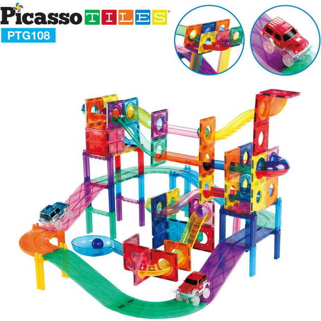 108 Piece 2-in-1 Magnetic Marble Run Set & Racing Track Set
