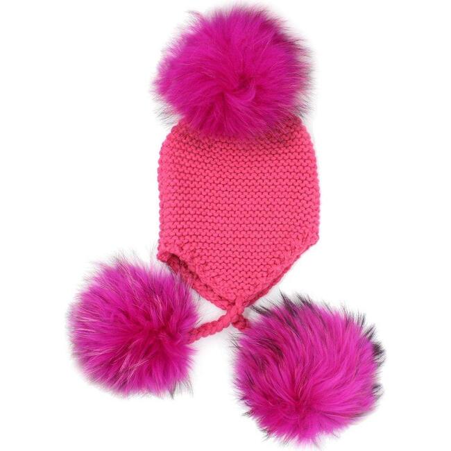 Triple Faux Fur Pom Pom Hat, Hot Pink