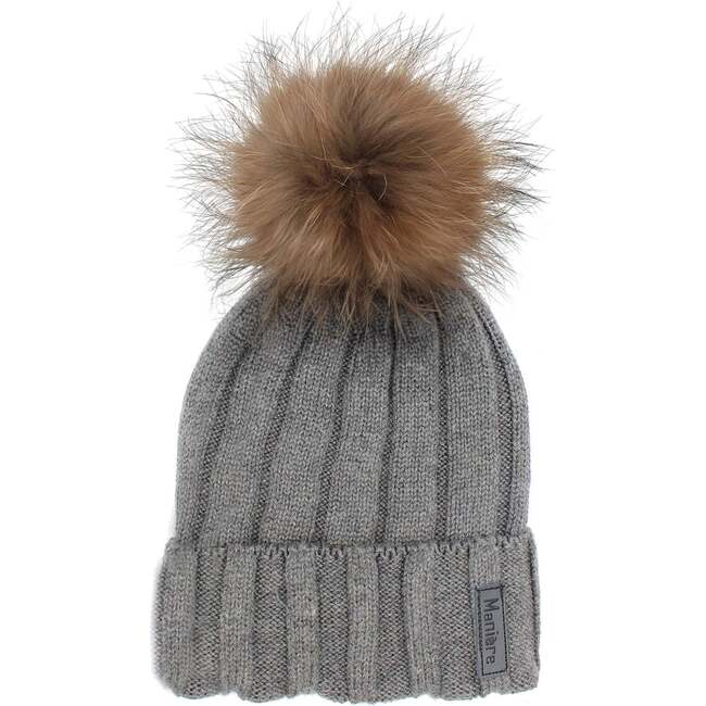 Ribbed Merino Wool Faux Fur Pom Pom Hat, Charcoal