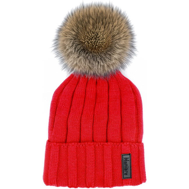 Ribbed Merino Wool Faux Fur Pom Pom Hat, Red
