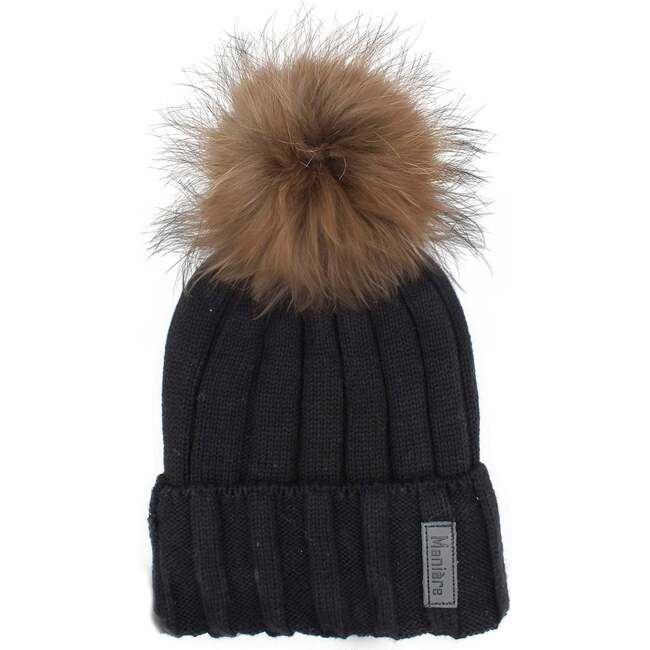Ribbed Merino Wool Faux Fur Pom Pom Hat, Black
