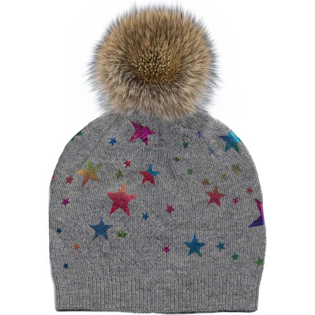 Stars Wool Faux Fur Pom Pom Hat, Grey & Rainbow