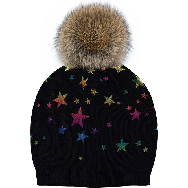 Stars Wool Faux Fur Pom Pom Hat, Black & Rainbow