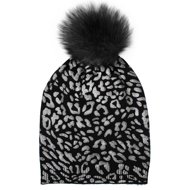 Leopard Print Wool Faux Fur Pom Pom Hat, Silver