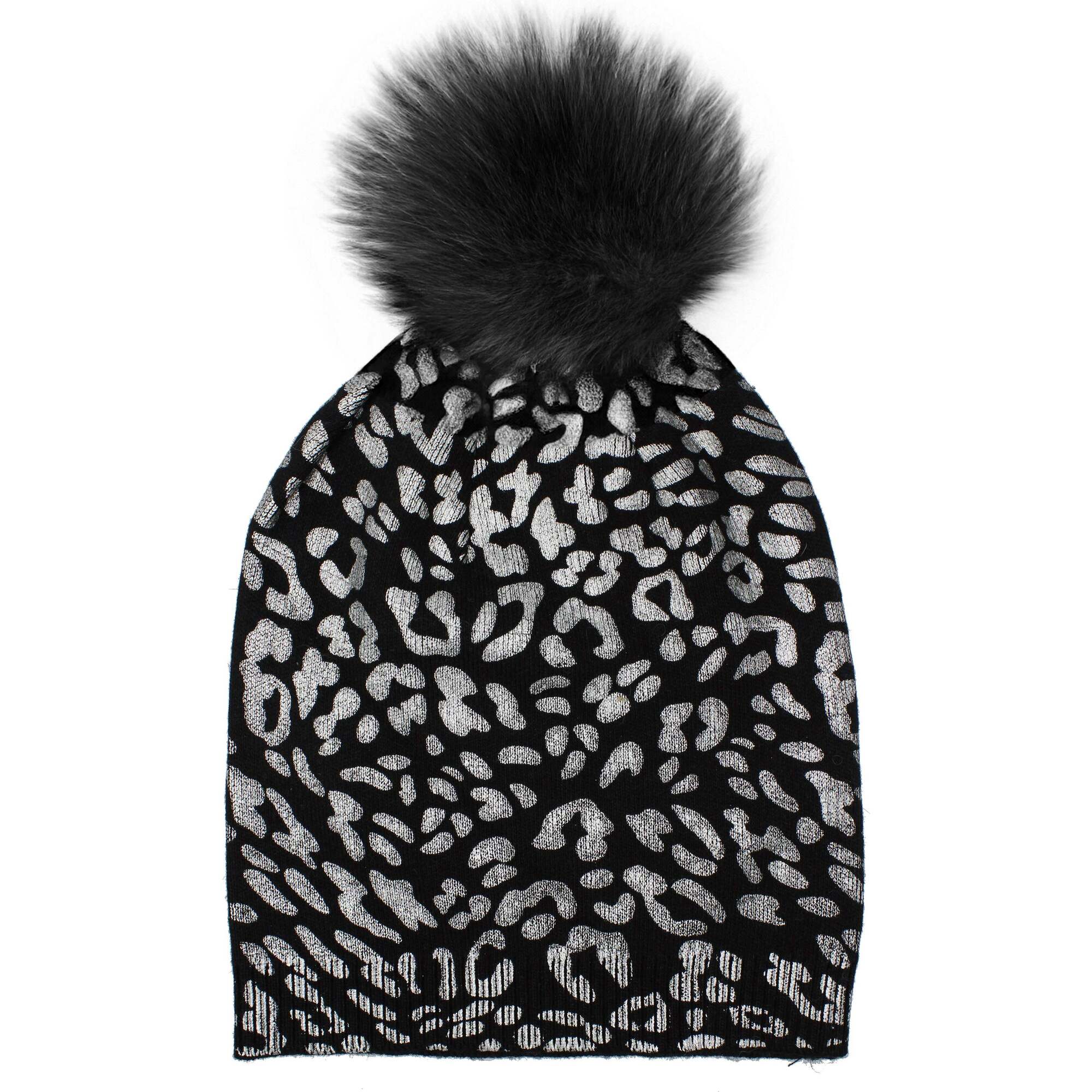 Leopard Print Wool Faux Fur Pom Pom Hat, Silver - Hats - 1
