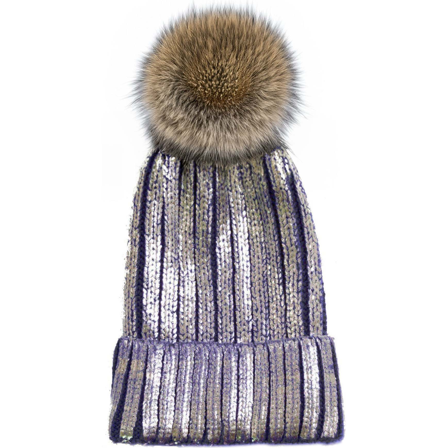 Foil Stamp Faux Fur Pom Pom Beanie, Navy - Hats - 1