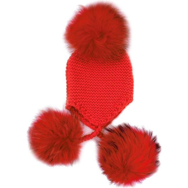 Triple Faux Fur Pom Pom Hat, Red