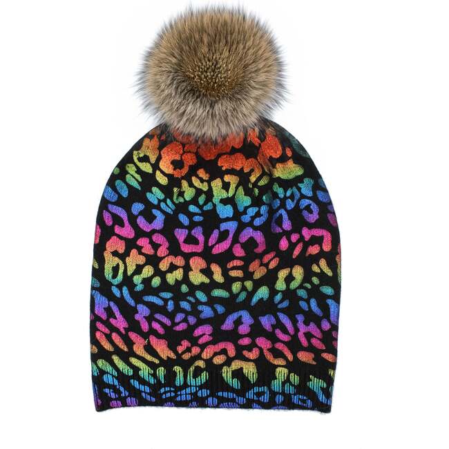 Leopard Print Wool Faux Fur Pom Pom Beanie, Rainbow