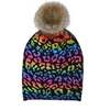 Leopard Print Wool Faux Fur Pom Pom Beanie, Rainbow - Hats - 1 - thumbnail