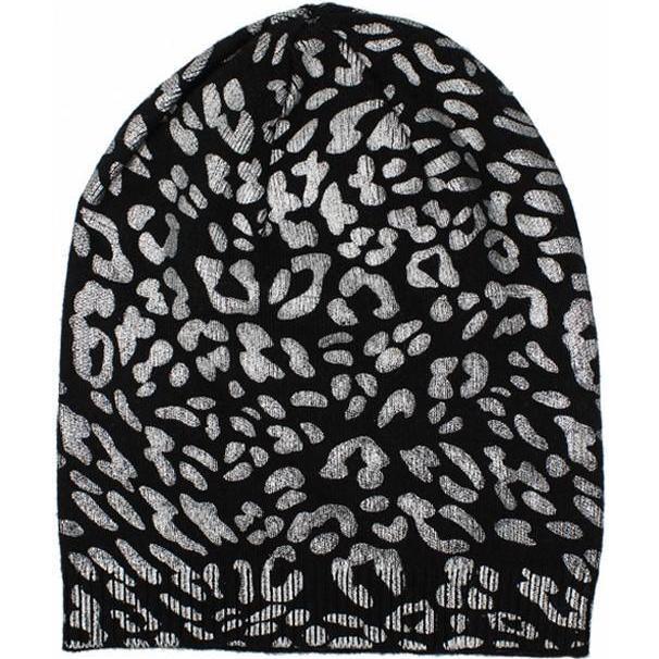 Leopard Print Wool Faux Fur Pom Pom Hat, Silver - Hats - 2
