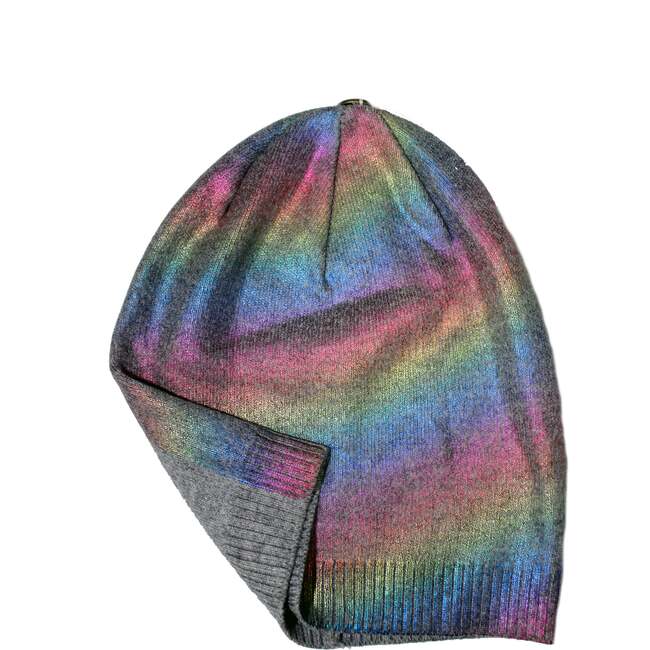 Foil Wool Faux Fur Pom Pom Hat, Rainbow