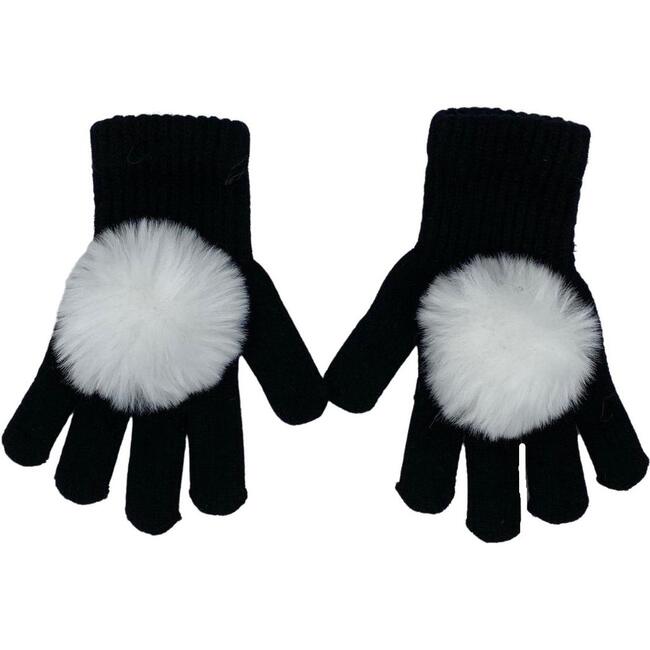 Faux Fur Pom Pom Gloves, Black & White