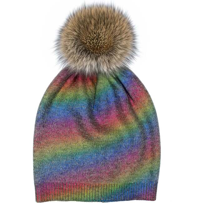 Foil Wool Faux Fur Pom Pom Hat, Rainbow - Hats - 2