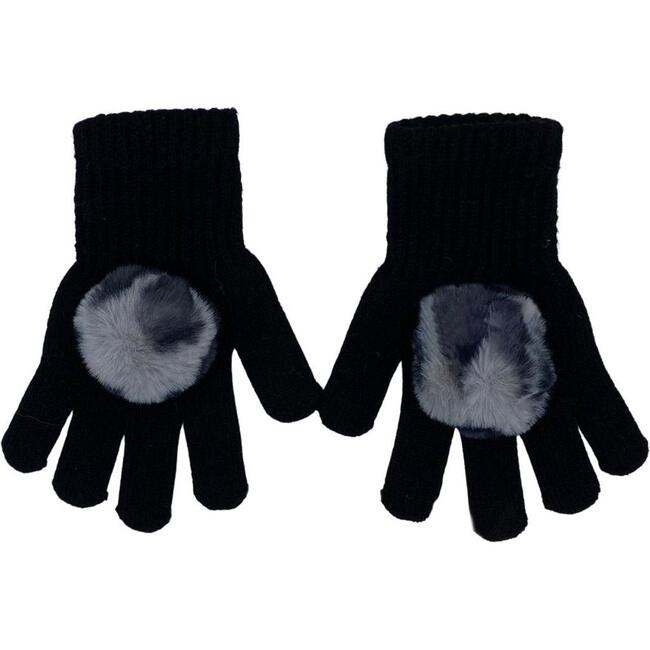 Faux Fur Pom Pom Gloves, Black & Leopard