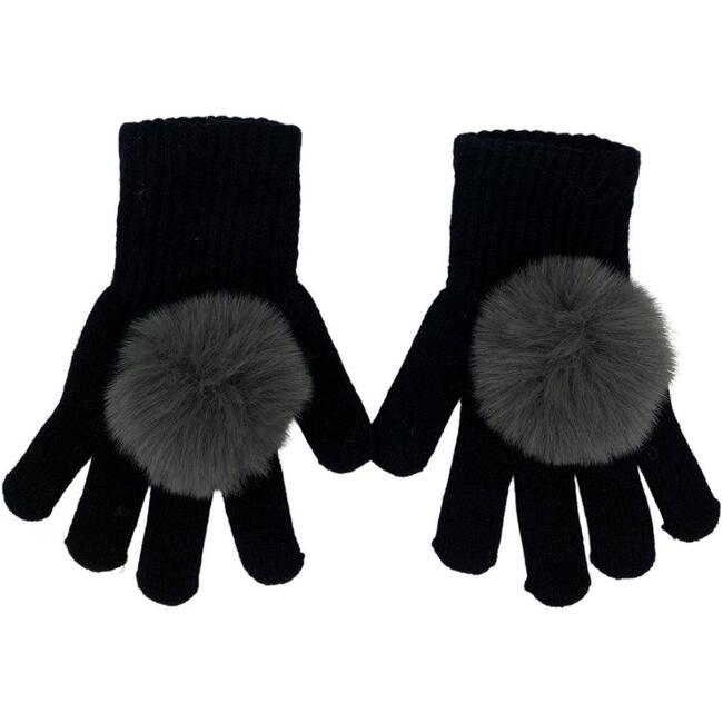 Faux Fur Pom Pom Gloves, Black & Grey