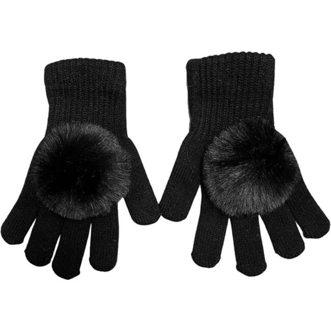 Faux Fur Pom Pom Gloves, Black & Black