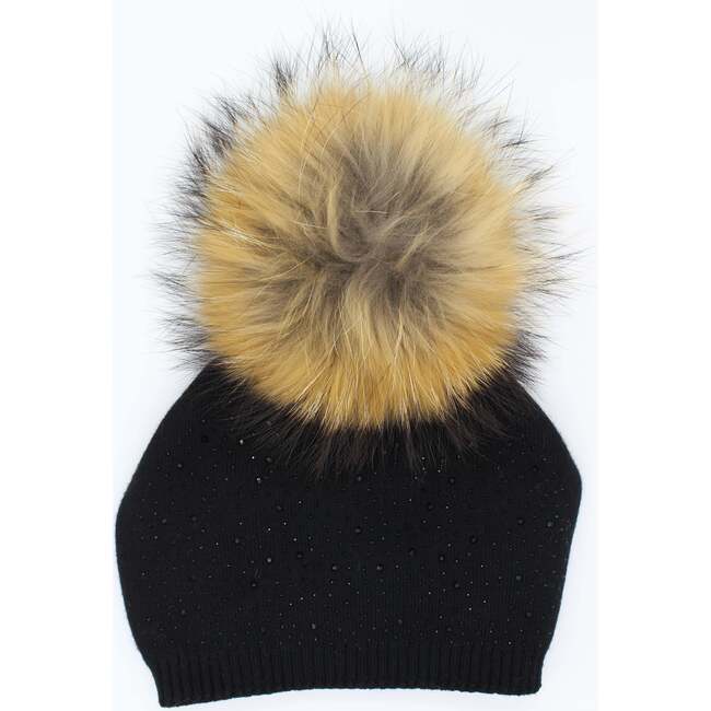 Knit Wool Faux Fur Pom Pom Hat, Black - Hats - 2