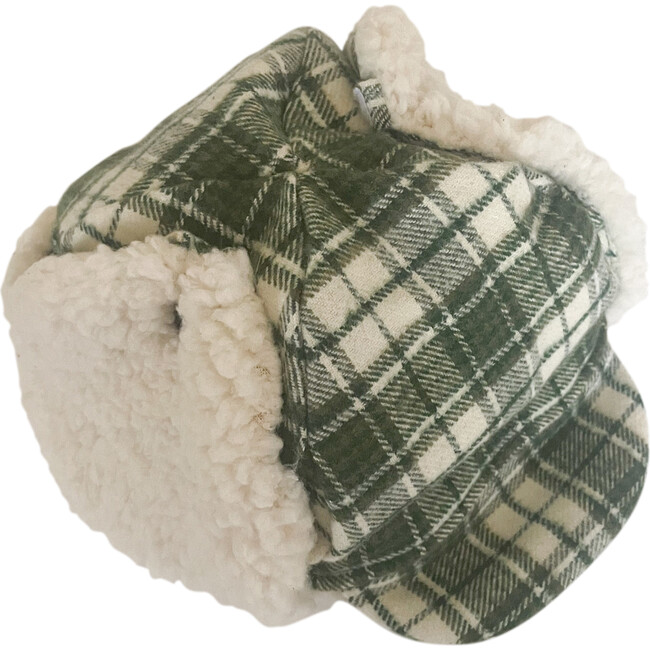 Winter Hat, Olive White Plaid with velcro straps