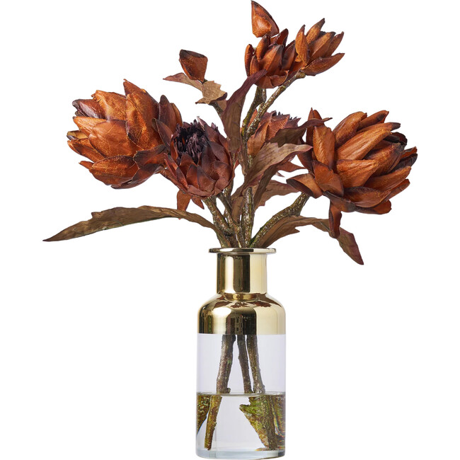 Rustic Brown Dried Look Fall Floral Arrangement In Gold Dipped Bottle Vase